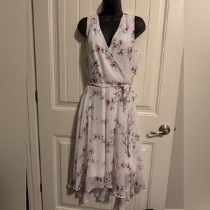 WHBM White Floral Faux-Wrap Dress with Pink Accent